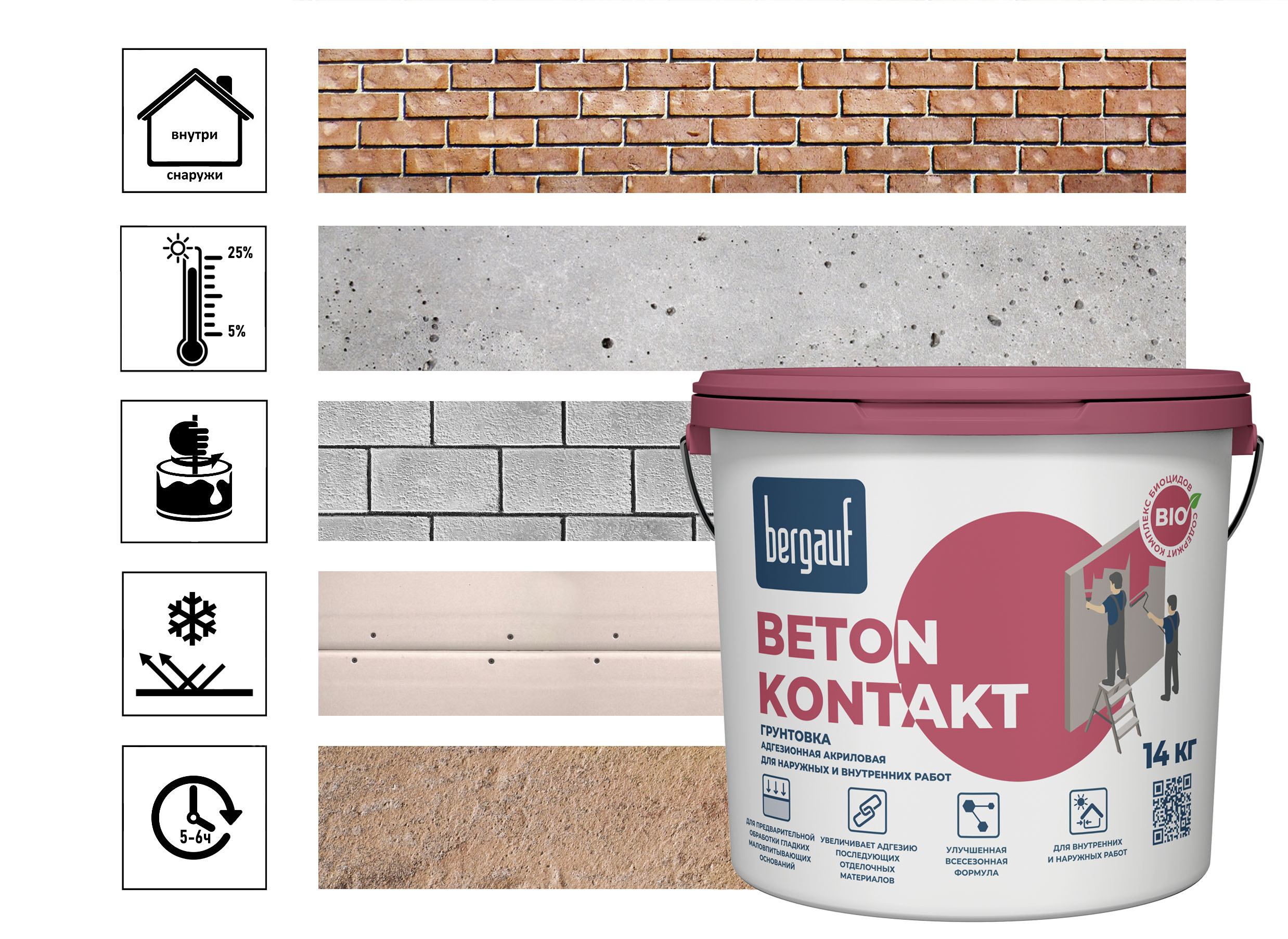 Грунтовка адгезионная Bergauf Beton Kontakt морозостойкая версия, 14 кг