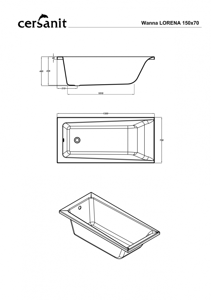 Ванна прямоугольная LORENA :150*70 без ножек,УЛЬТРА БЕЛЫЙ, Сорт 1 (Cersanit)