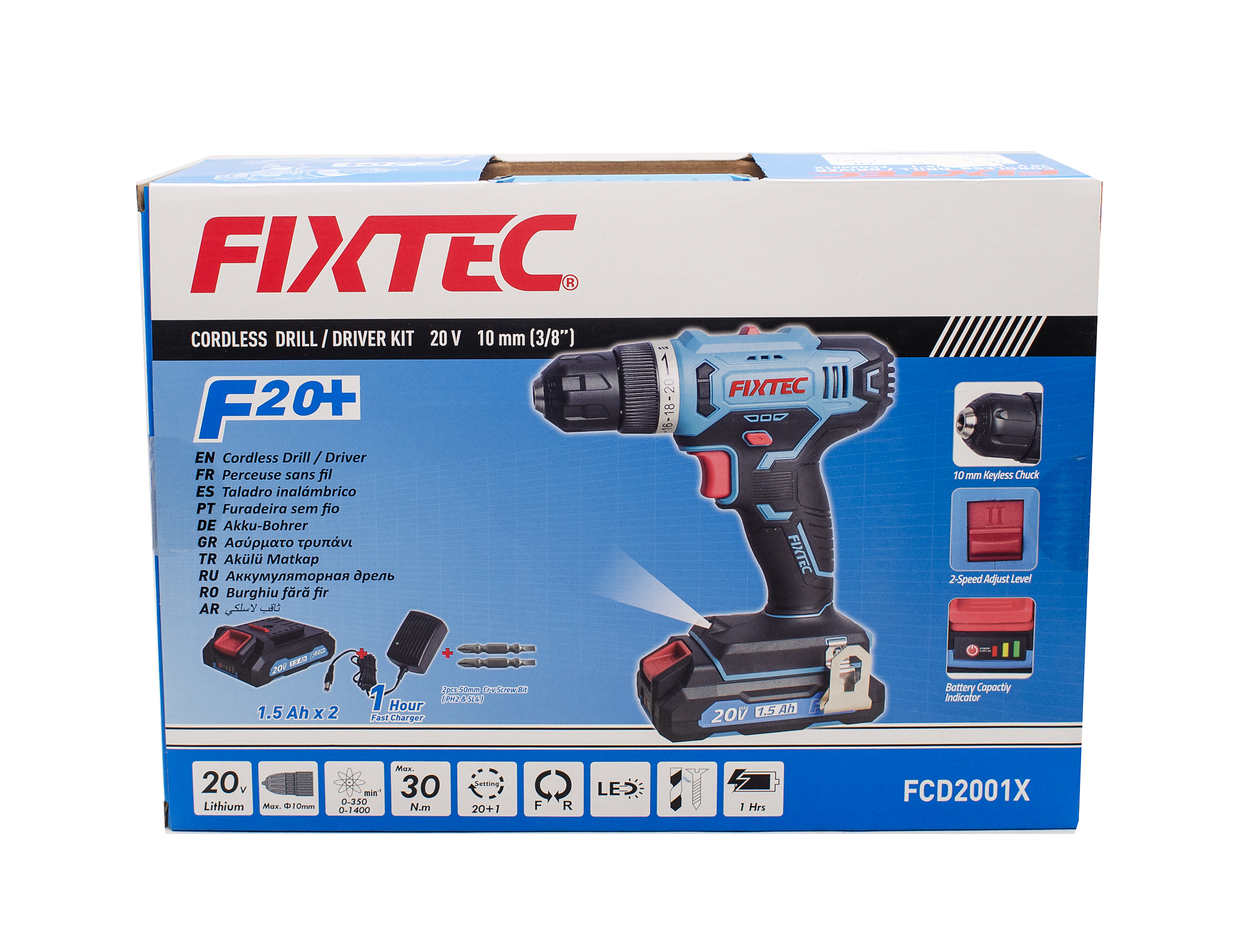 Дрель аккумуляторная Fixtec FCD2001X, 20В , Li-ion, 1,5А/ч, 2 аккумулятора