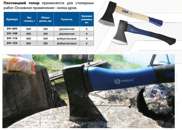 Топор плотницкий Кобальт 600гр, фиберглассовая ручка