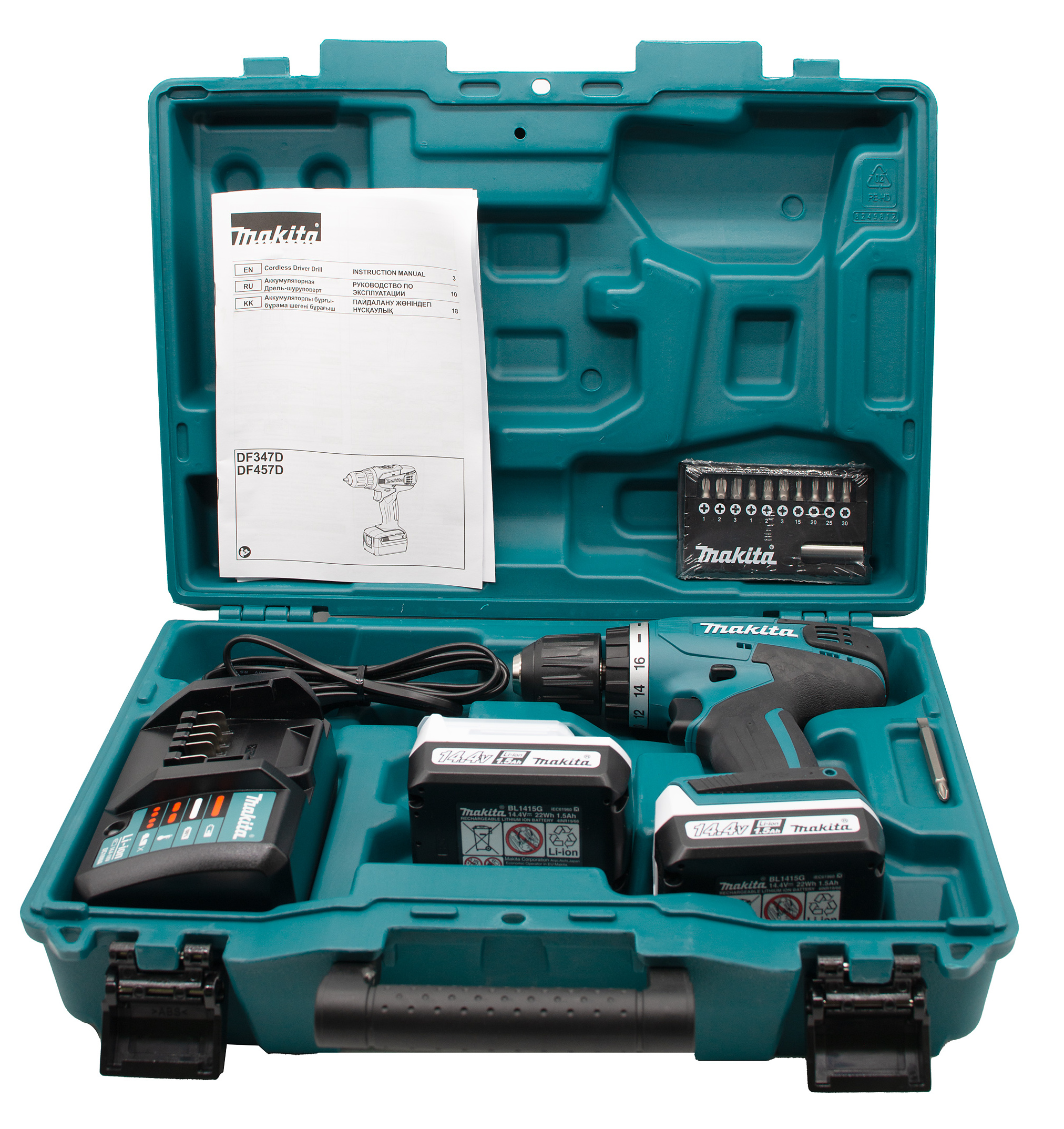 Дрель акк. Makita DF347DWEX9 G-серия, 14,4В, 10мм, 2x1,5Ач + набор бит