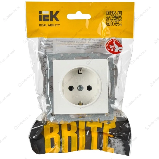 Розетка IEK BRITE 1-местная с заземлением с защитными шторками 16А РС14-1-0-БрБ цвет белый