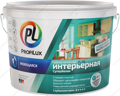 Краска ВД "Profilux" PL - 13L латекс. моющаяся износоуст. СУПЕРбел  база 1,  1,4кг