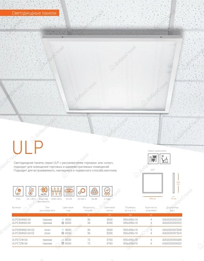 Панель светодиодная универсальная WOLTA ULPD36W60-04 36 Вт 2800 Лм 595х595х19 мм 4000К